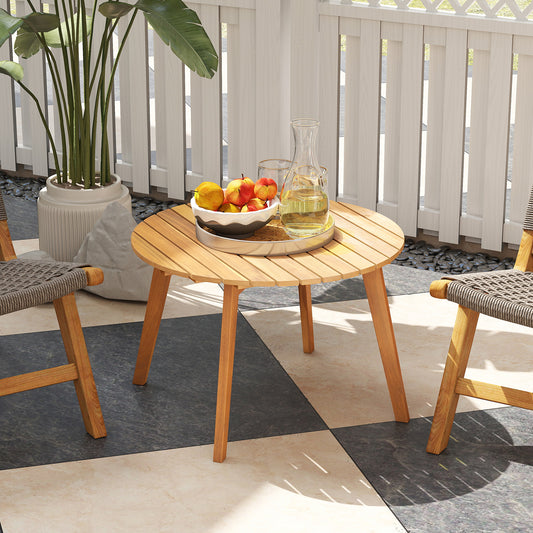 Round Acacia Wood Side Table, Slatted Tabletop, Natural Patio Coffee Tables Natural at Gallery Canada
