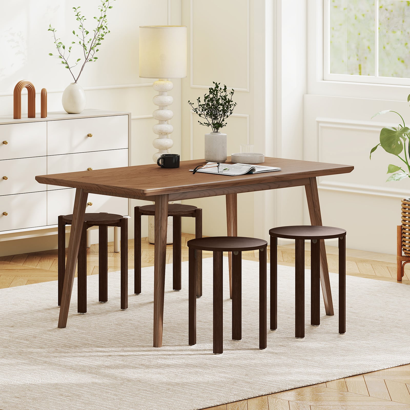 Round Wood Nesting Stools With Locking Casters, Walnut Dining Chairs at Gallery Canada