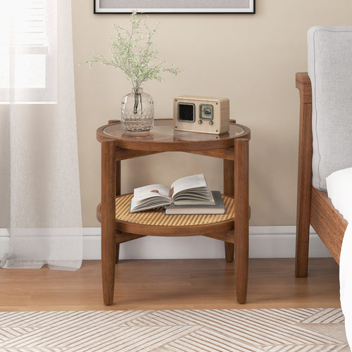 Round Rattan Side End Table with Tempered Glass Tabletop, Walnut