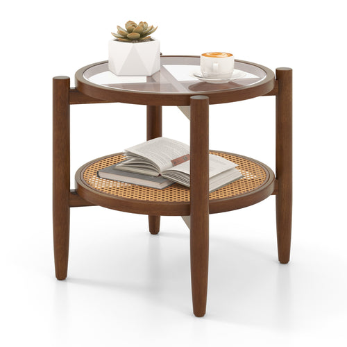 Round Rattan Side End Table with Tempered Glass Tabletop, Walnut