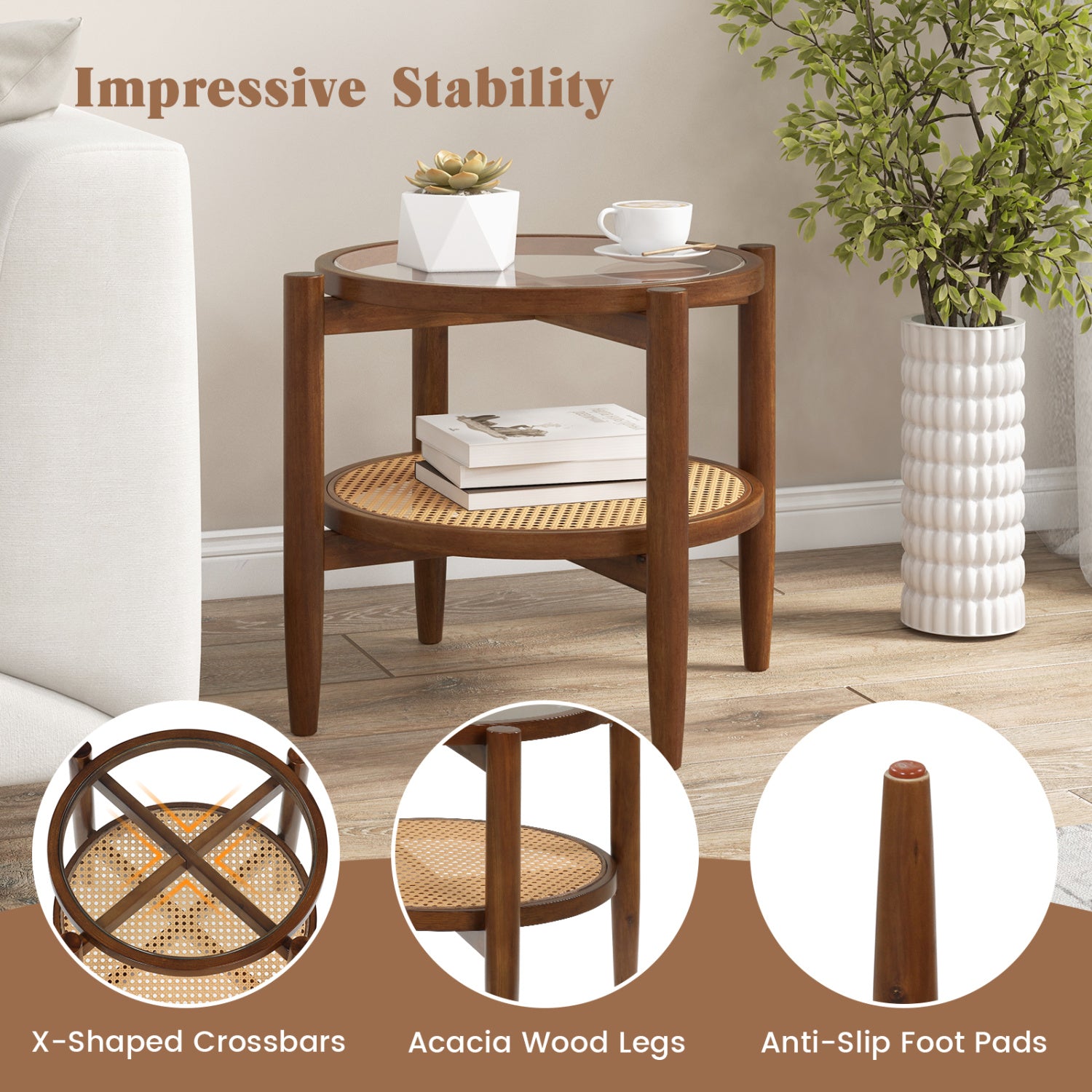 Round Rattan Side End Table with Tempered Glass Tabletop, Walnut End & Side Tables at Gallery Canada