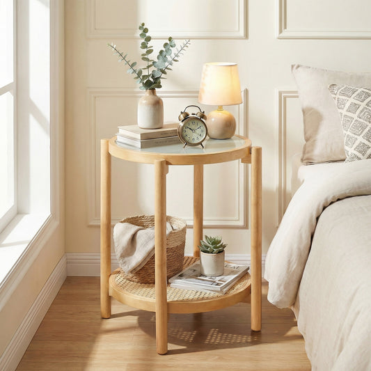 Round 2-Tier Boho End Table, Glass Top, Natural End & Side Tables Natural at Gallery Canada