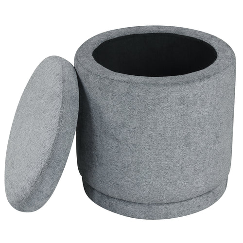 Round Storage Ottoman, Removable Lid, Acacia Wood Frame, Gray