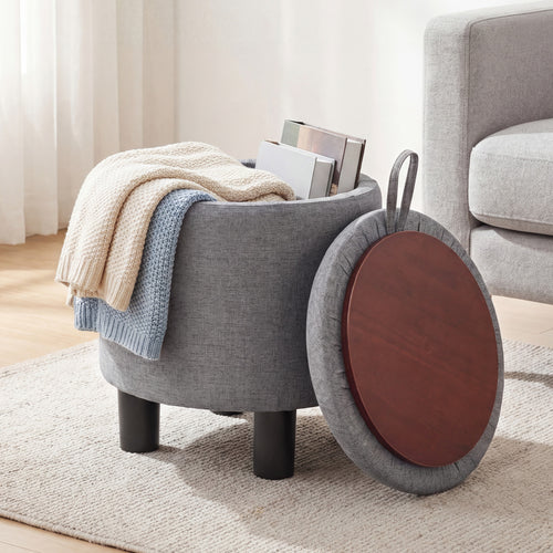 Round Storage Ottoman, Linen Fabric, Upholstered Footrest Stool, Gray