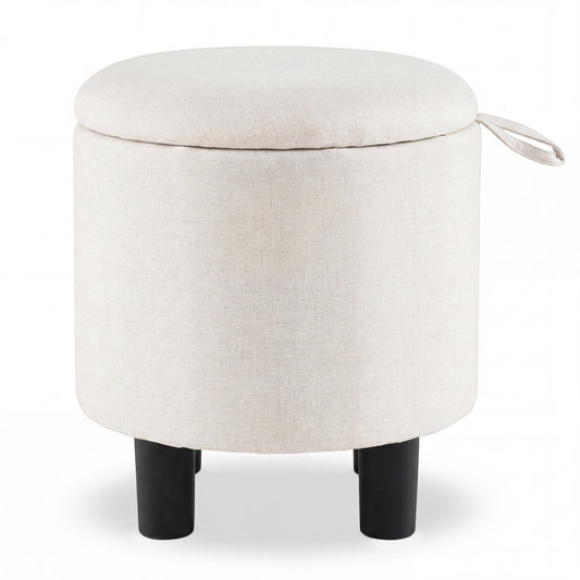 Round Storage Ottoman, Linen Fabric Upholstered Footrest Stool, Beige Ottomans Beige at Gallery Canada