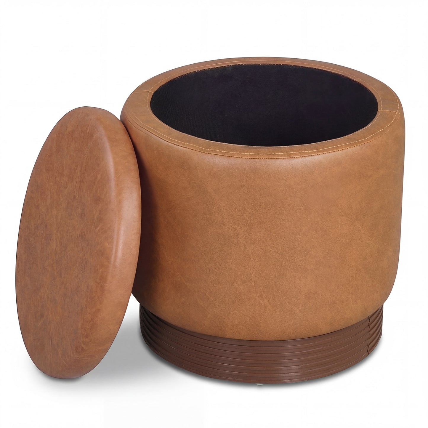 Round Storage Ottoman, Acacia Wood Frame, Brown Ottomans Brown at Gallery Canada