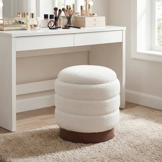 Round Storage Ottoman, Acacia Wood Frame, White Ottomans White at Gallery Canada