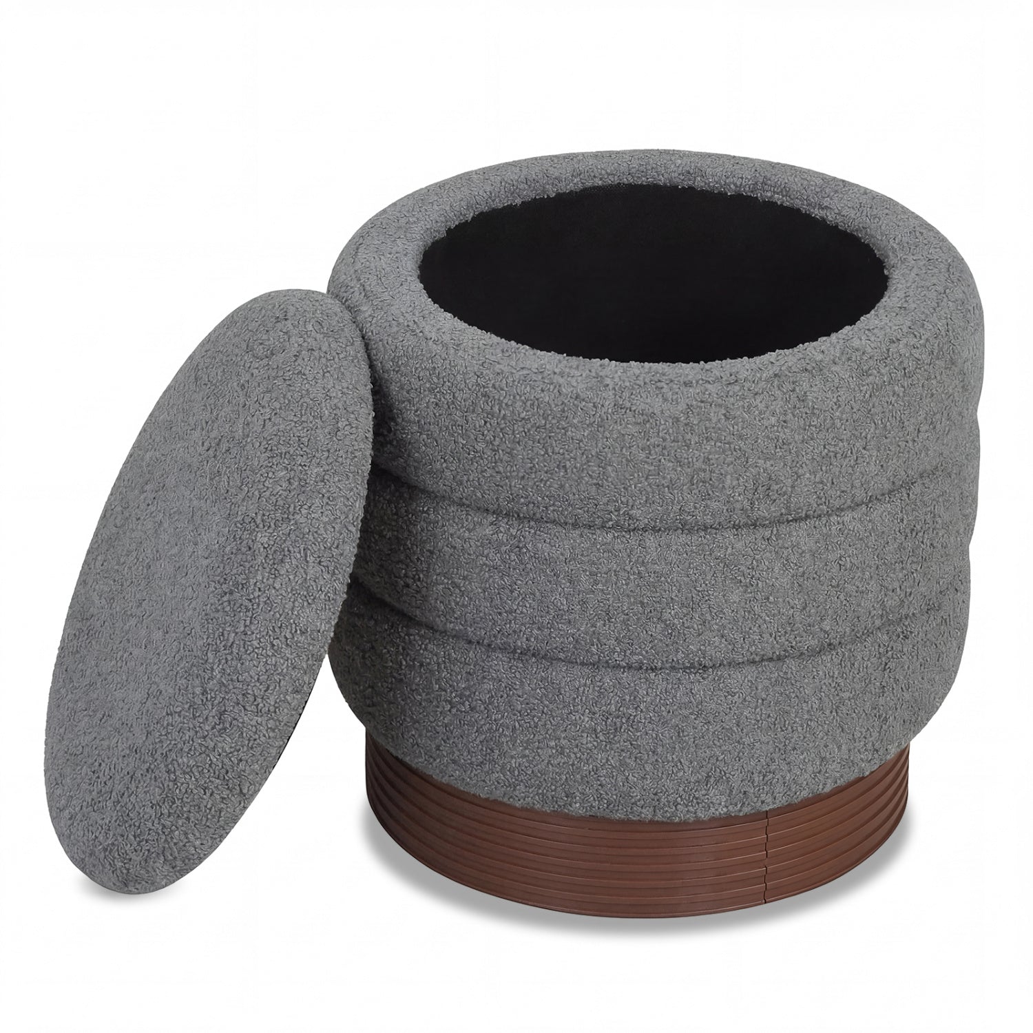 Round Storage Ottoman, Acacia Wood Frame, Gray Ottomans at Gallery Canada