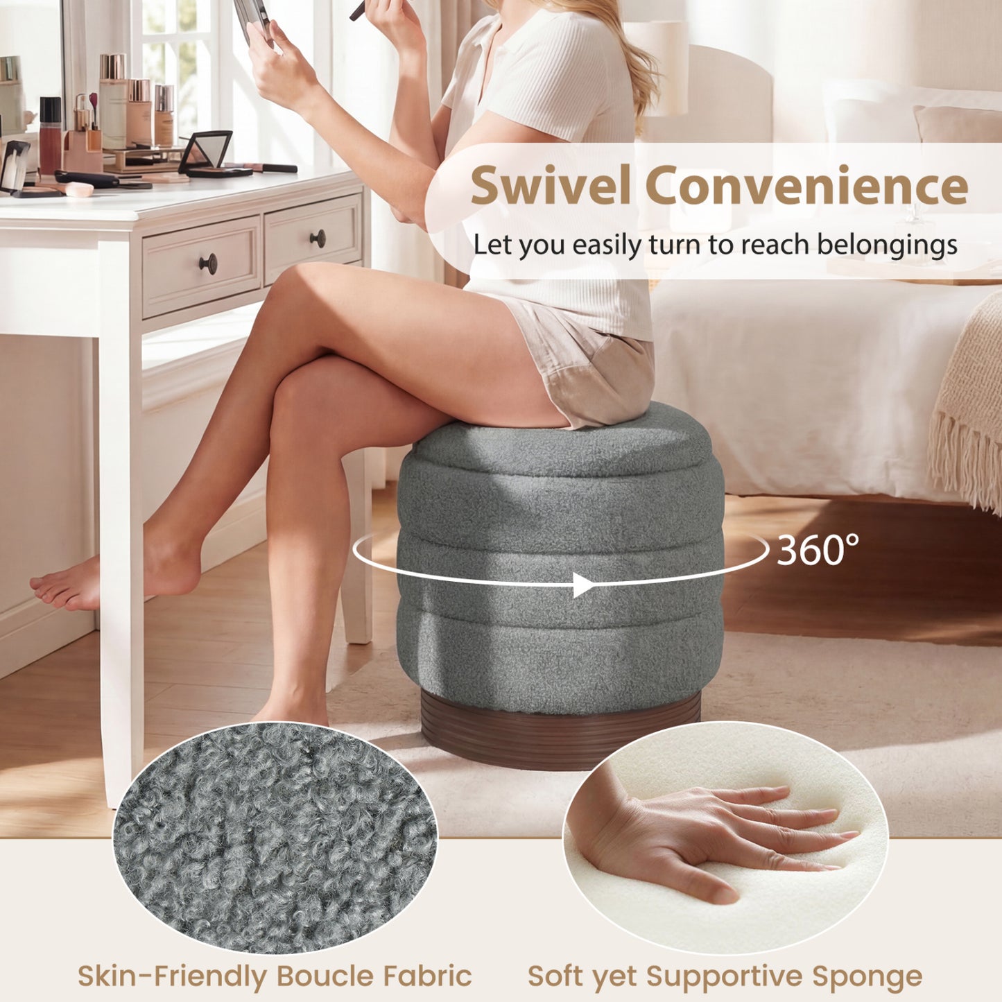 Round Storage Ottoman, Acacia Wood Frame, Gray Ottomans at Gallery Canada