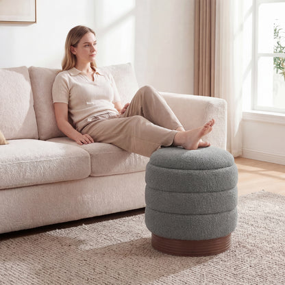 Round Storage Ottoman, Acacia Wood Frame, Gray Ottomans at Gallery Canada