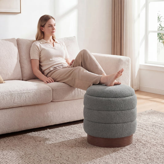 Round Storage Ottoman, Acacia Wood Frame, Gray Ottomans Gray at Gallery Canada