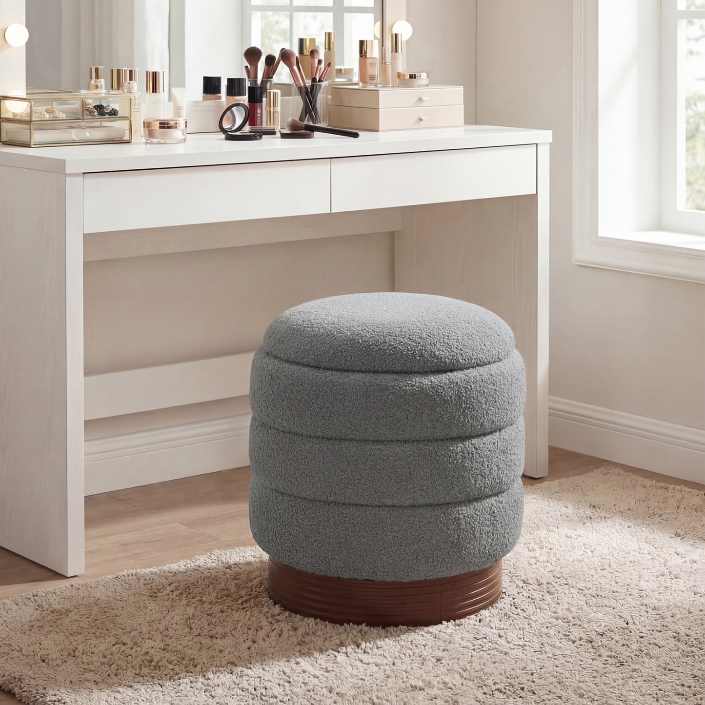 Round Storage Ottoman, Acacia Wood Frame, Gray Ottomans at Gallery Canada