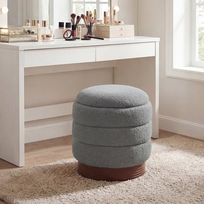 Round Storage Ottoman, Acacia Wood Frame, Gray Ottomans at Gallery Canada