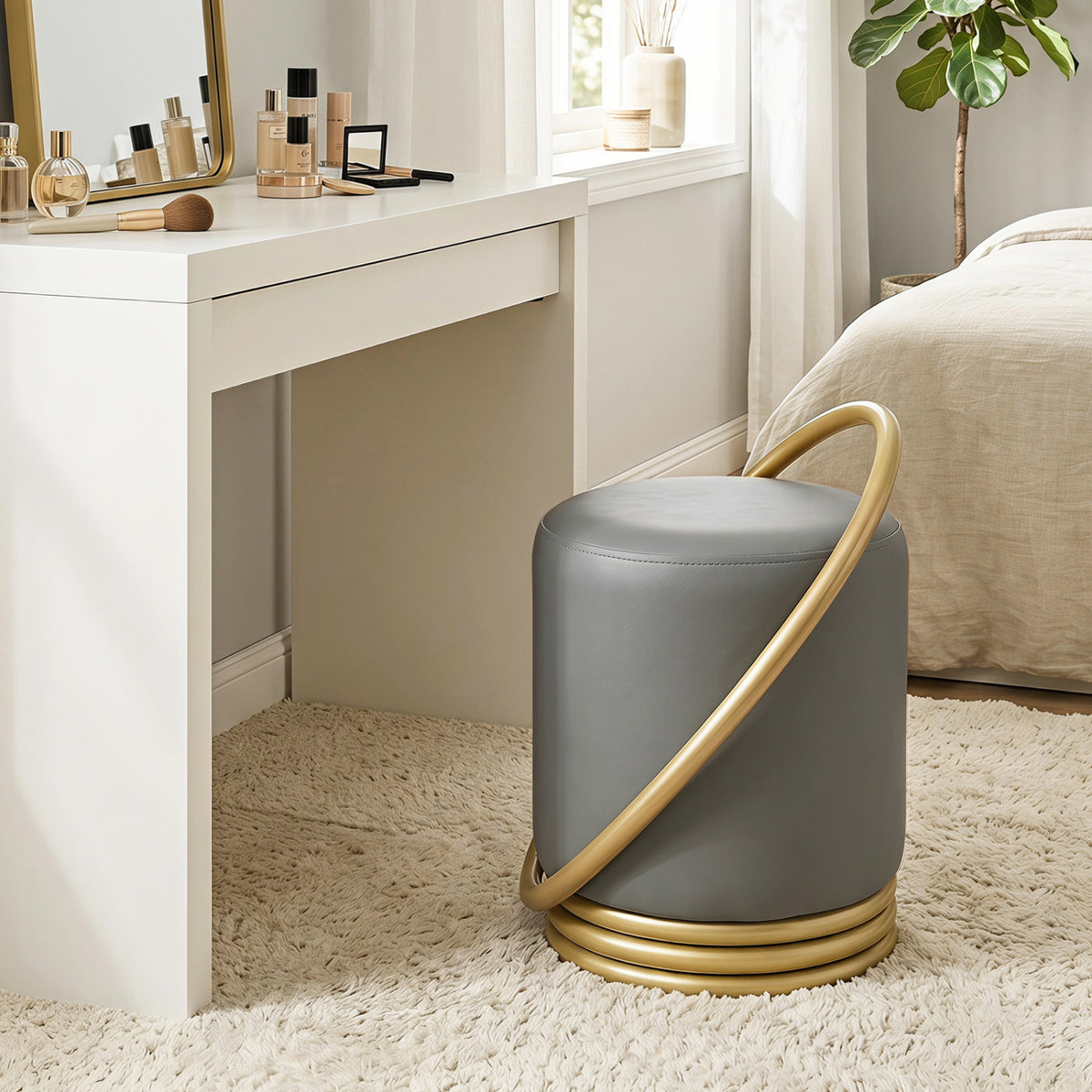 Round Vanity Stool, Faux Leather Makeup Chair, Gold Halo Design - Gray Ottomans at Gallery Canada