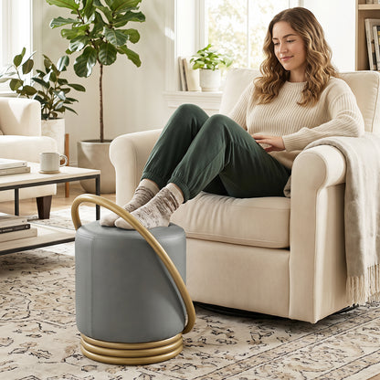 Round Vanity Stool, Faux Leather Makeup Chair, Gold Halo Design - Gray Ottomans at Gallery Canada