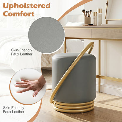 Round Vanity Stool, Faux Leather Makeup Chair, Gold Halo Design - Gray Ottomans at Gallery Canada