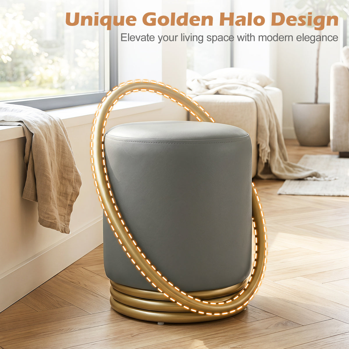 Round Vanity Stool, Faux Leather Makeup Chair, Gold Halo Design - Gray Ottomans at Gallery Canada