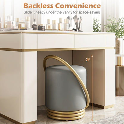 Round Vanity Stool, Faux Leather Makeup Chair, Gold Halo Design - Gray Ottomans at Gallery Canada