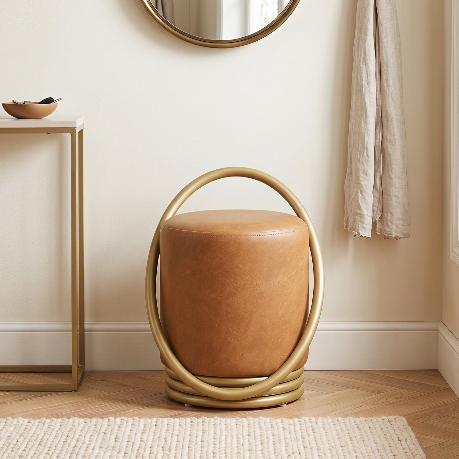 Round Vanity Stool, Faux Leather Makeup Chair, Gold Halo Design, Yellow Ottomans at Gallery Canada
