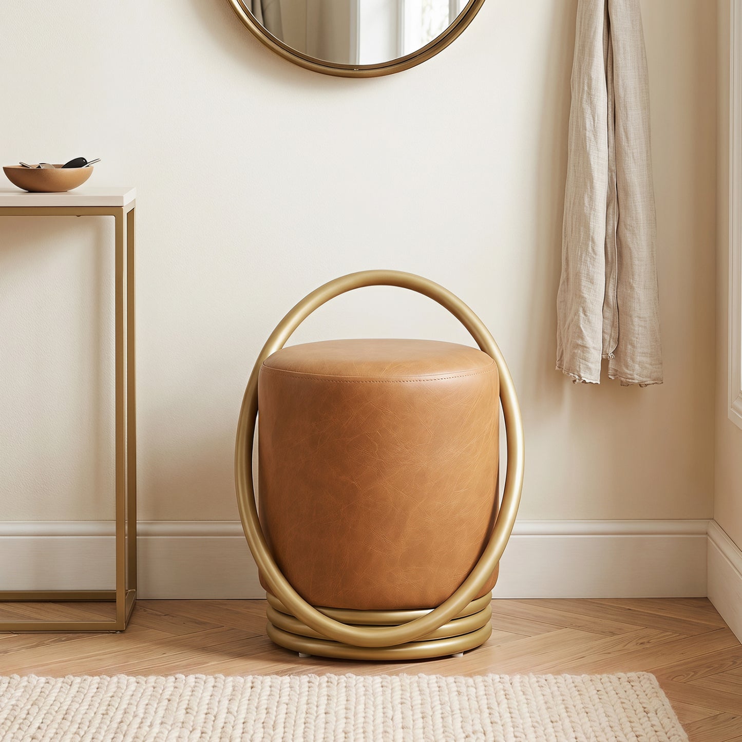 Round Vanity Stool, Faux Leather Makeup Chair, Gold Halo Design, Yellow Ottomans at Gallery Canada