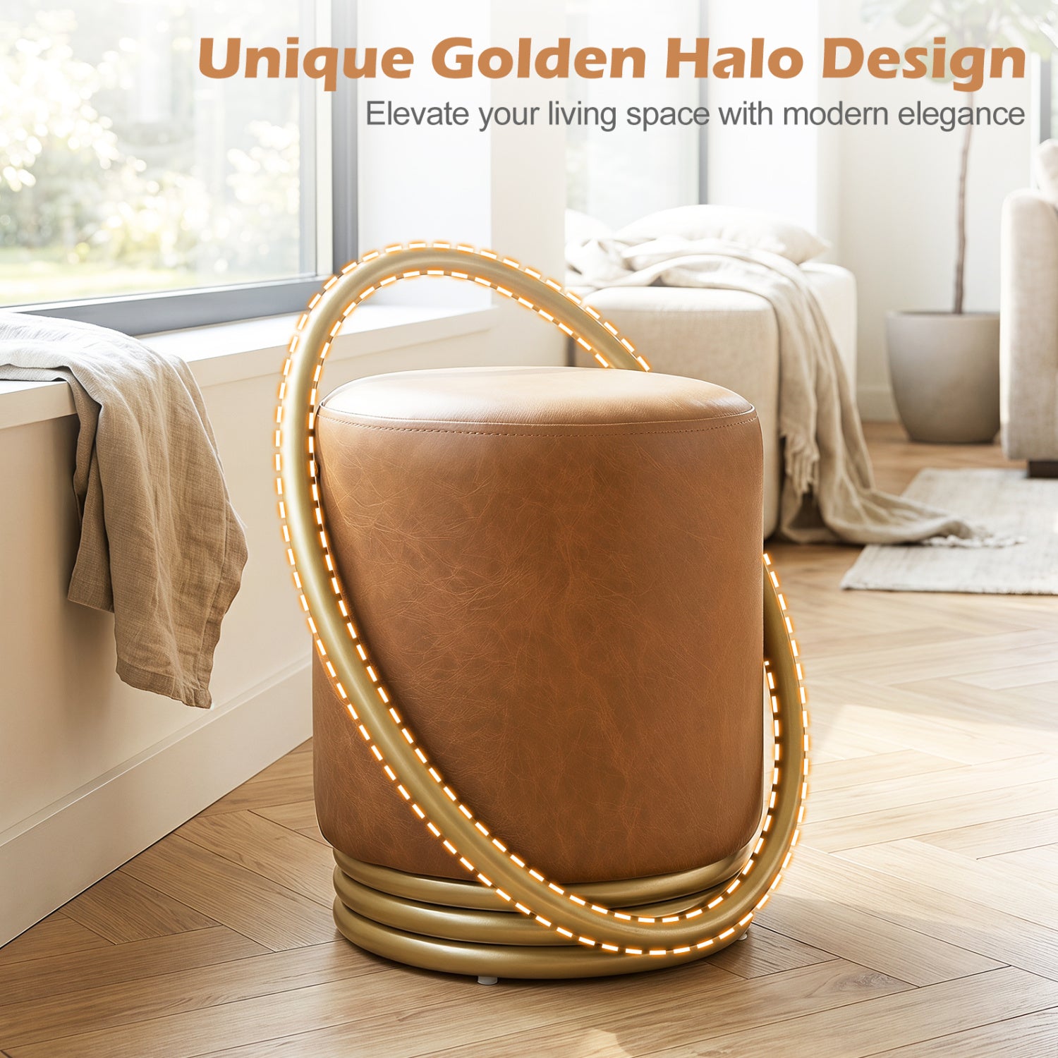 Round Vanity Stool, Faux Leather Makeup Chair, Gold Halo Design, Yellow Ottomans at Gallery Canada