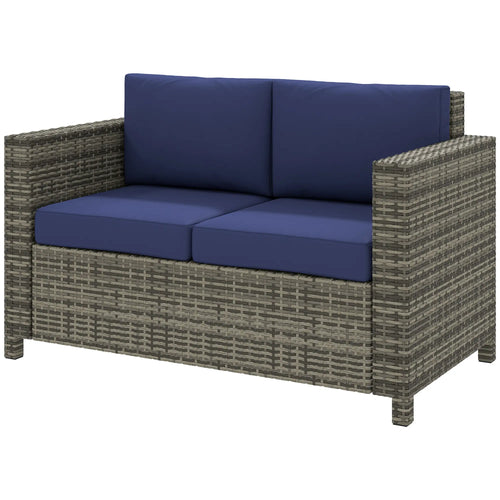 Wicker Outdoor Sofa, All Weather Patio Loveseat With Cushions, Dark Blue