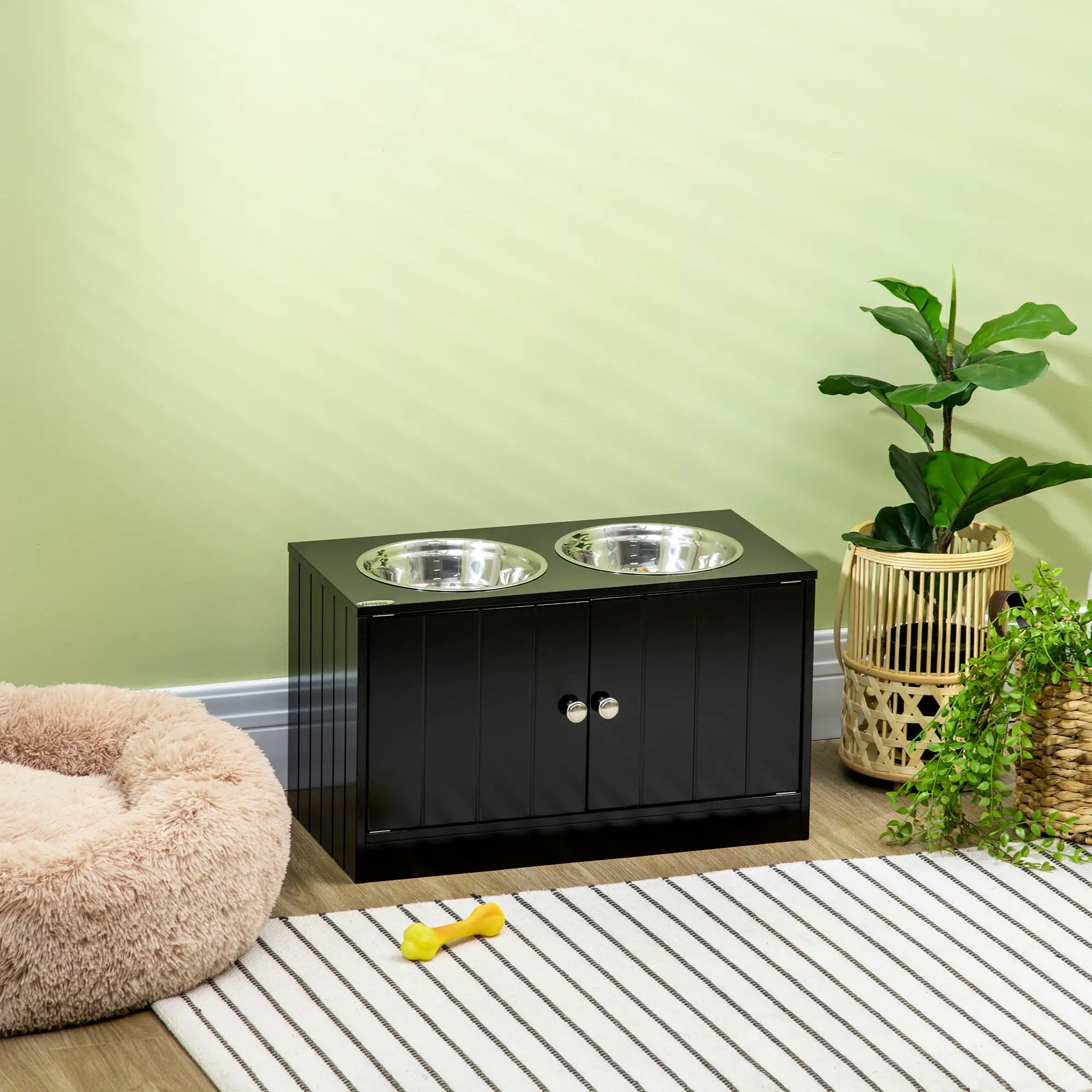 Elevated Dog Bowls, Large Pet Feeding Station with Stand, Storage, 2 Stainless Steel Bowls, 23.6