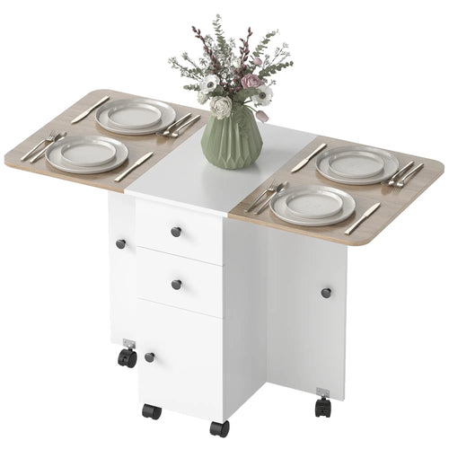 Mobile Drop Leaf Dining Table On Wheels, White And Oak, White
