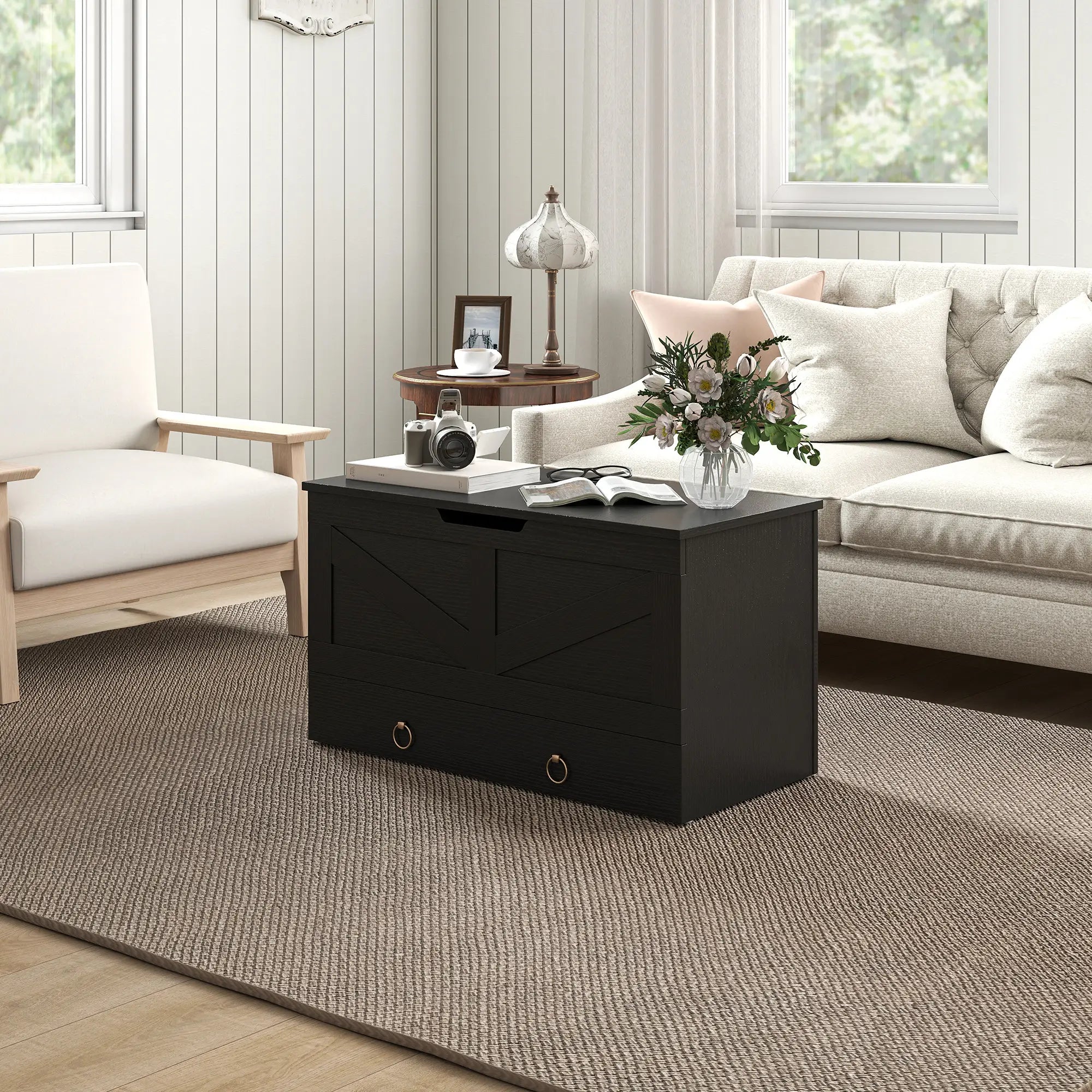 31.5 Inches Storage Chest, Wooden Box, Black Wood Grain, Black Storage Cabinets at Gallery Canada
