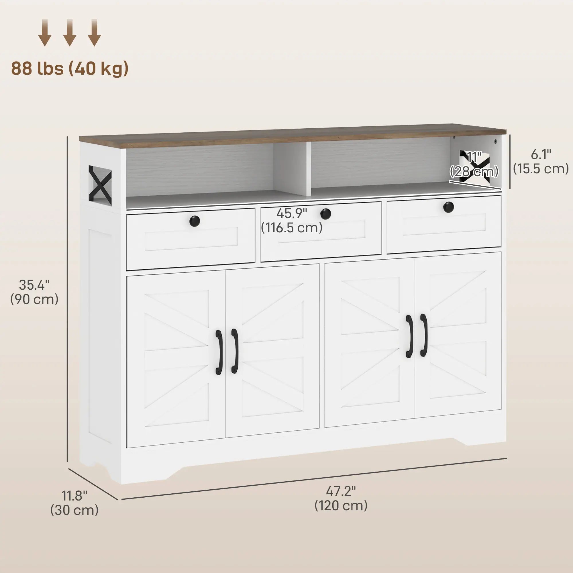 Sideboard, Buffet Cabinet with 4 Barn Doors, 3 Drawers, White Storage Cabinets at Gallery Canada