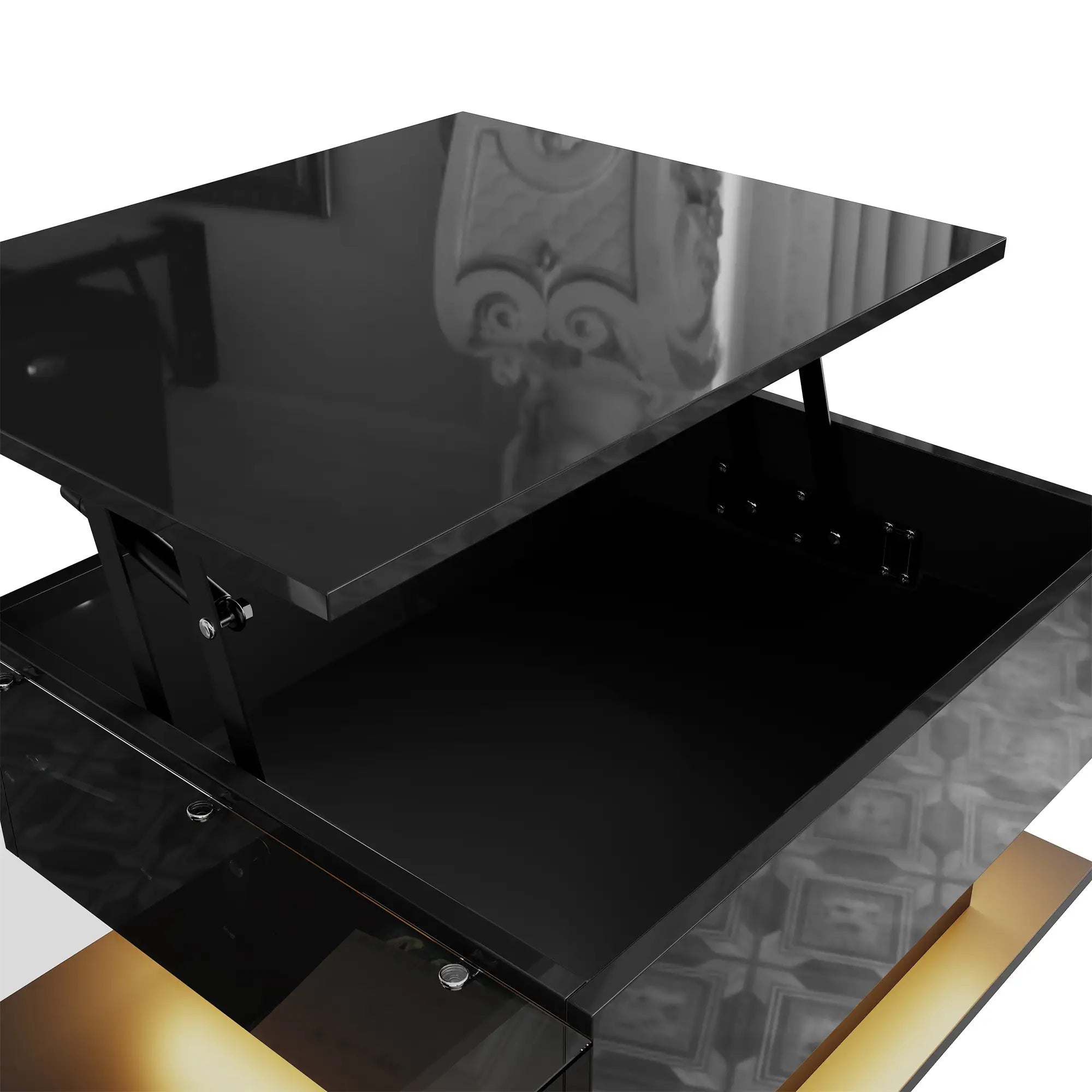 Coffee Table, Tempered Glass Top, LED Light, Adjustable Height, 39.5