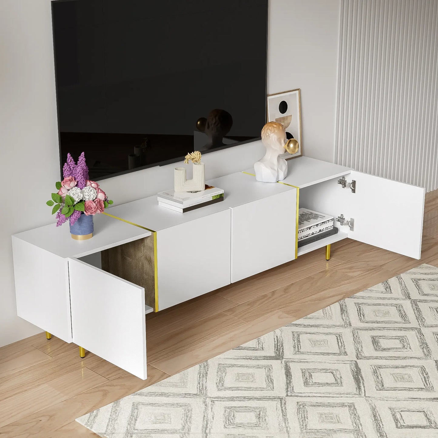 Modern TV Stand, 4 Doors, Soft-Close Hinges, 67" L x 13.5" W x 18" H, White TV Stands at Gallery Canada
