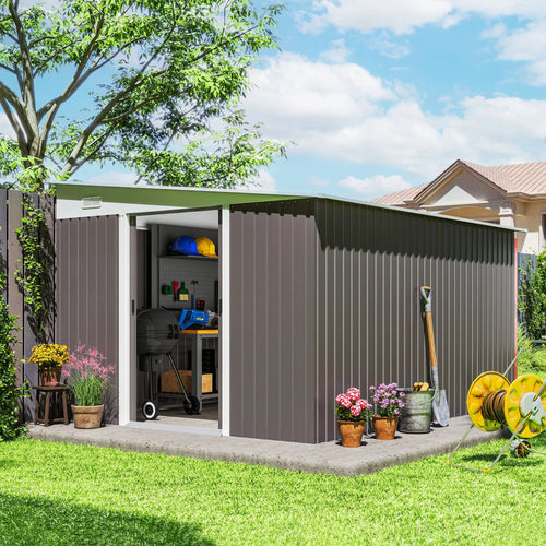 11' x 9' Steel Garden Storage Shed, Outdoor Metal Tool House, Grey