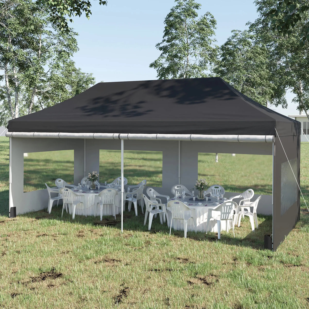 20' x 10' Folding Canopy Tent, Sidewalls, Windows, Black