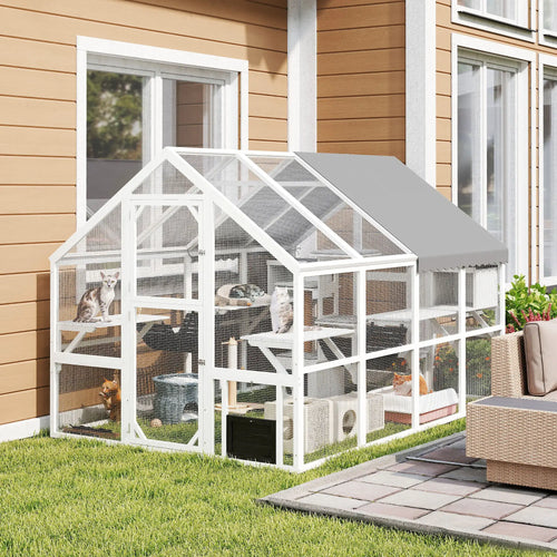 Outdoor Cat Enclosure, Wooden Feral Cat House, Weatherproof Canopy