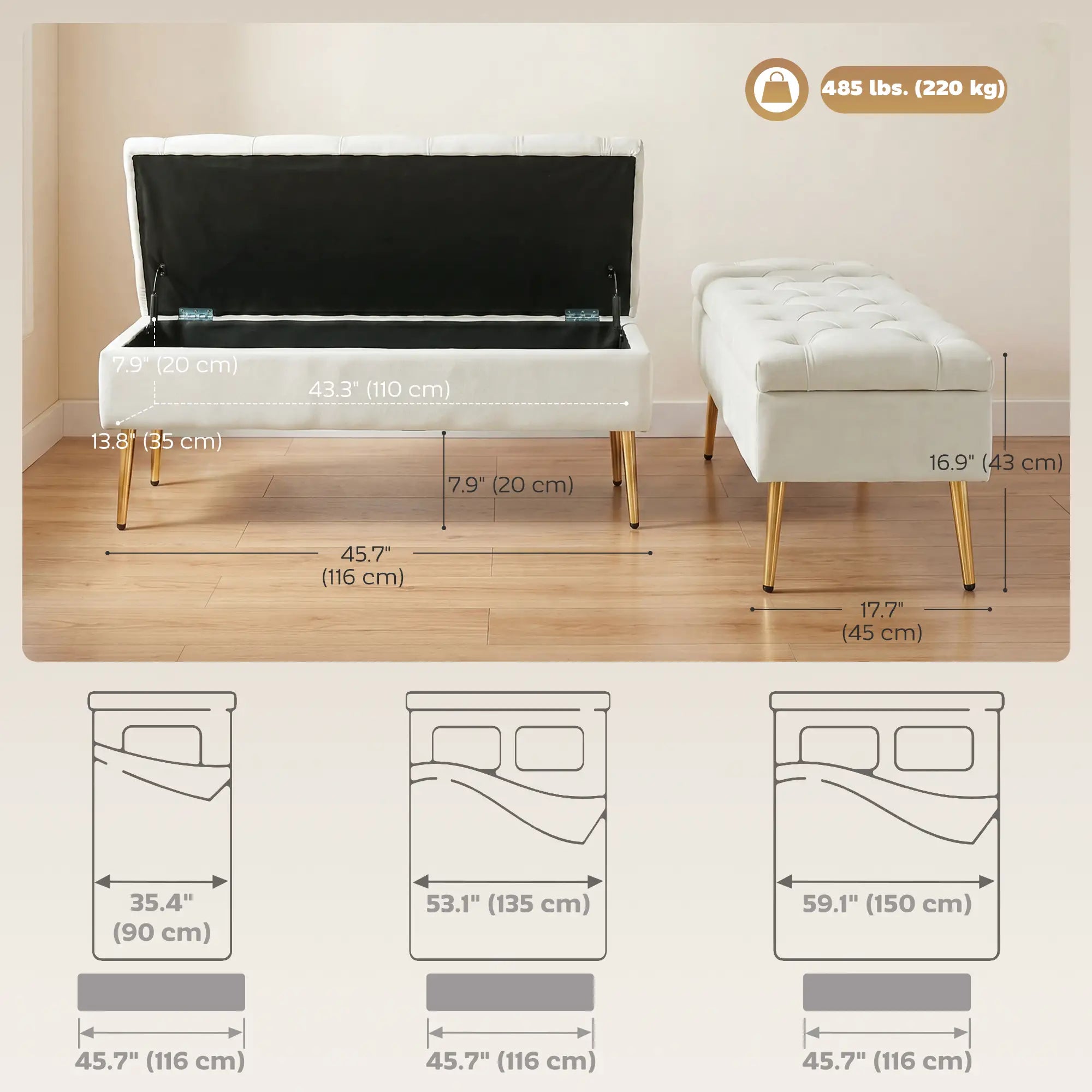 Upholstered Bedroom Bench with Gold Tone Metal Legs, Velvet Tufted and Thick Padding, Beige Storage Ottomans & Benches at Gallery Canada