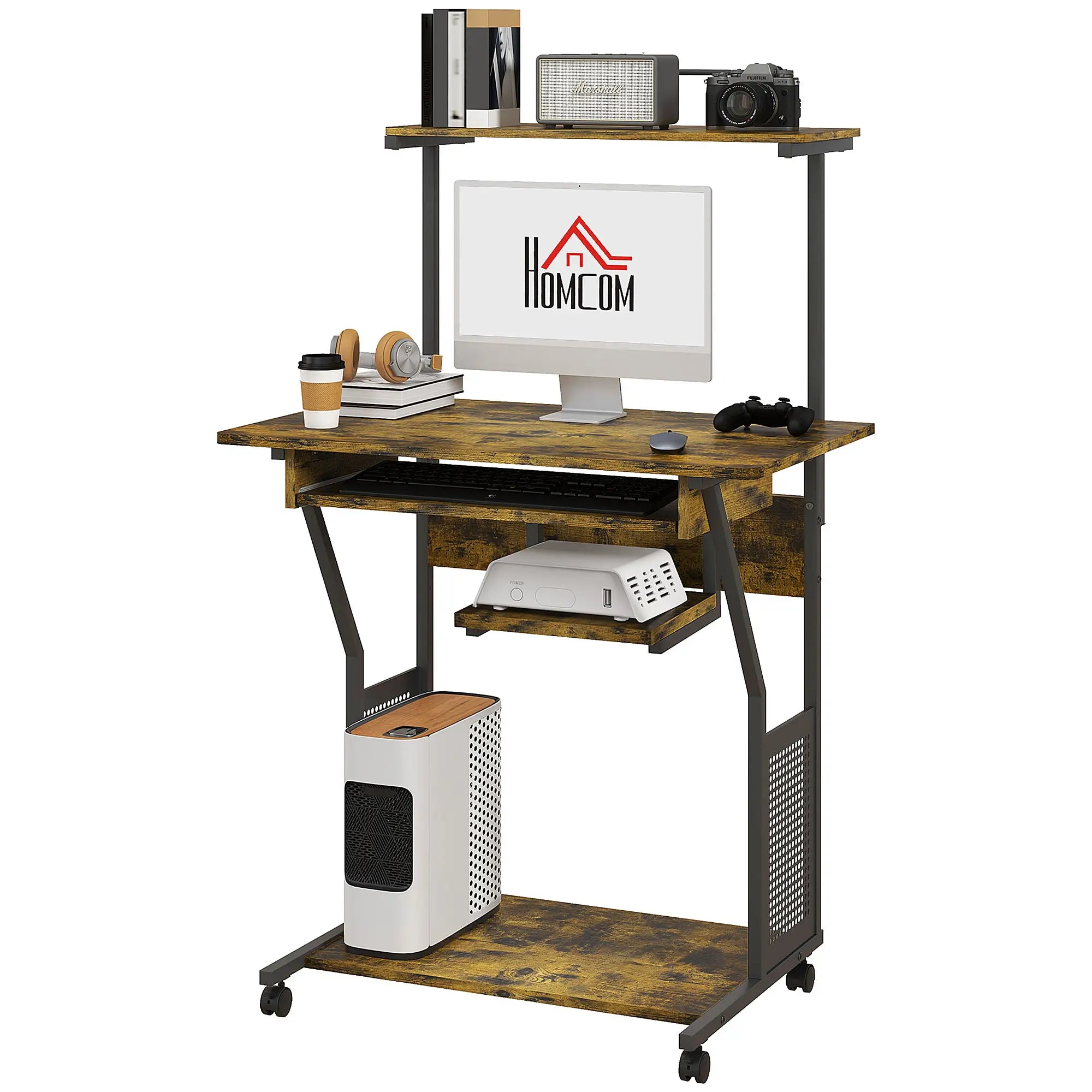 32 Mobile Computer Table, Rolling Study Desk with Keyboard Tray, Rustic Brown Computer Desks Rustic Brown, Black at Gallery Canada