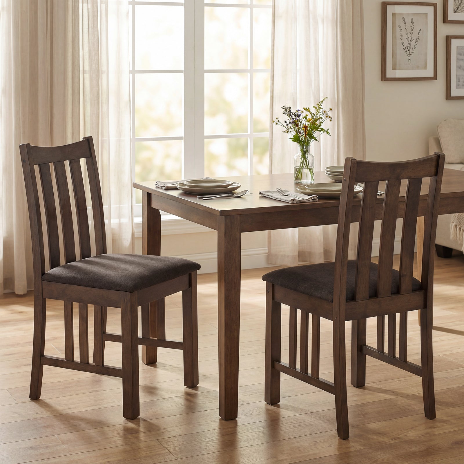 Rubber Wood Dining Chairs, Set Of 2, Slat Back, Brown Dining Chairs at Gallery Canada