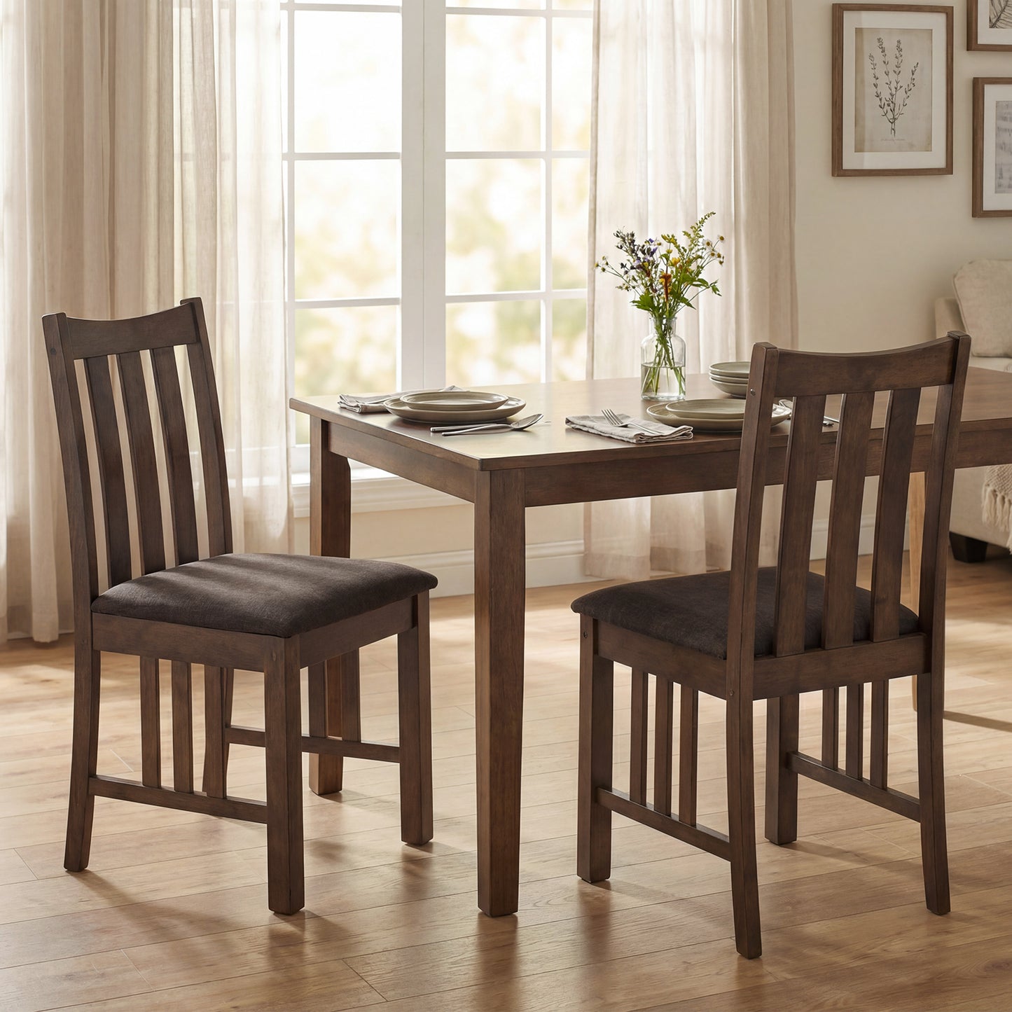 Rubber Wood Dining Chairs, Set Of 2, Slat Back, Brown Dining Chairs at Gallery Canada
