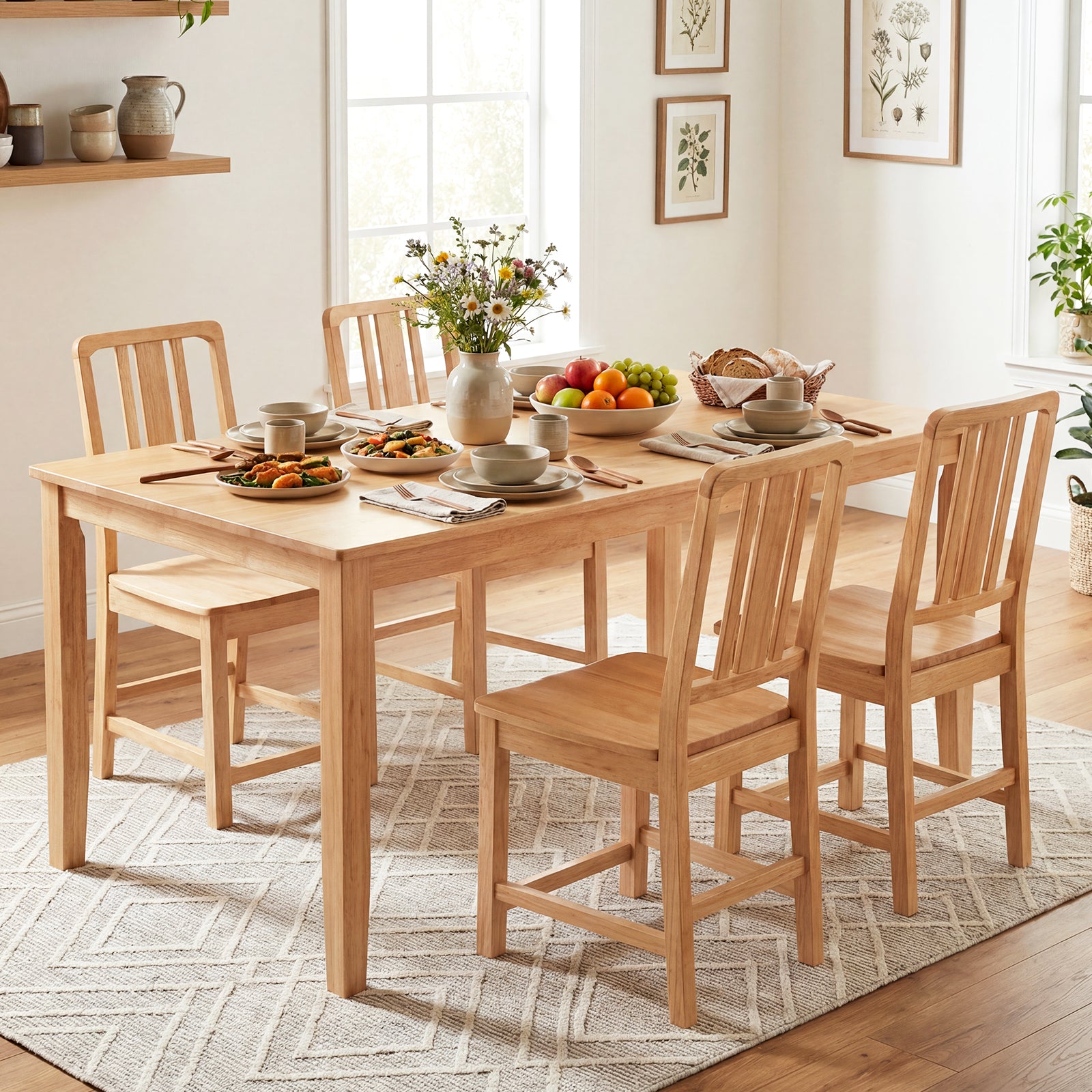 Rubber Wood Dining Chairs Set of 4, Hollowed Backrest, Natural Dining Chairs at Gallery Canada