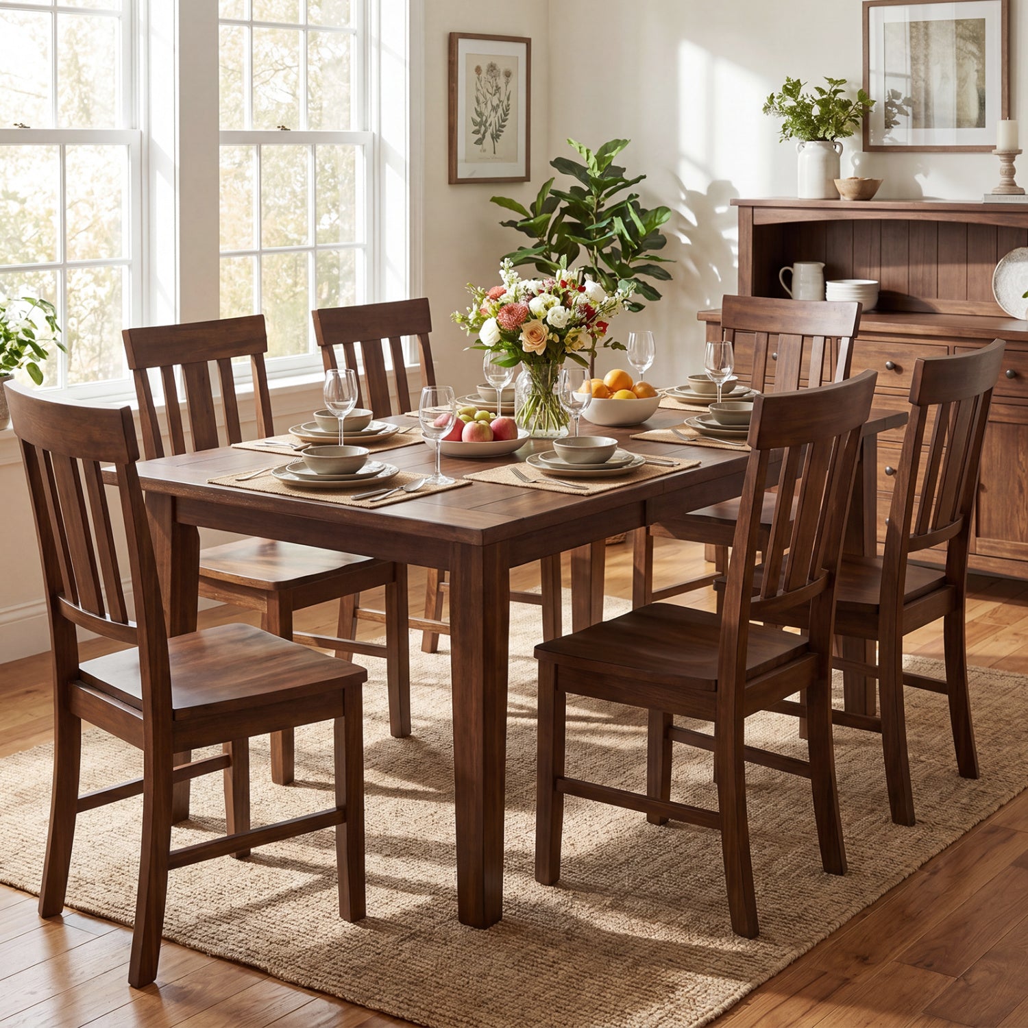 Rubber Wood Dining Chairs, Set of 2, High Slat Backrests, Dark Brown Dining Chairs at Gallery Canada