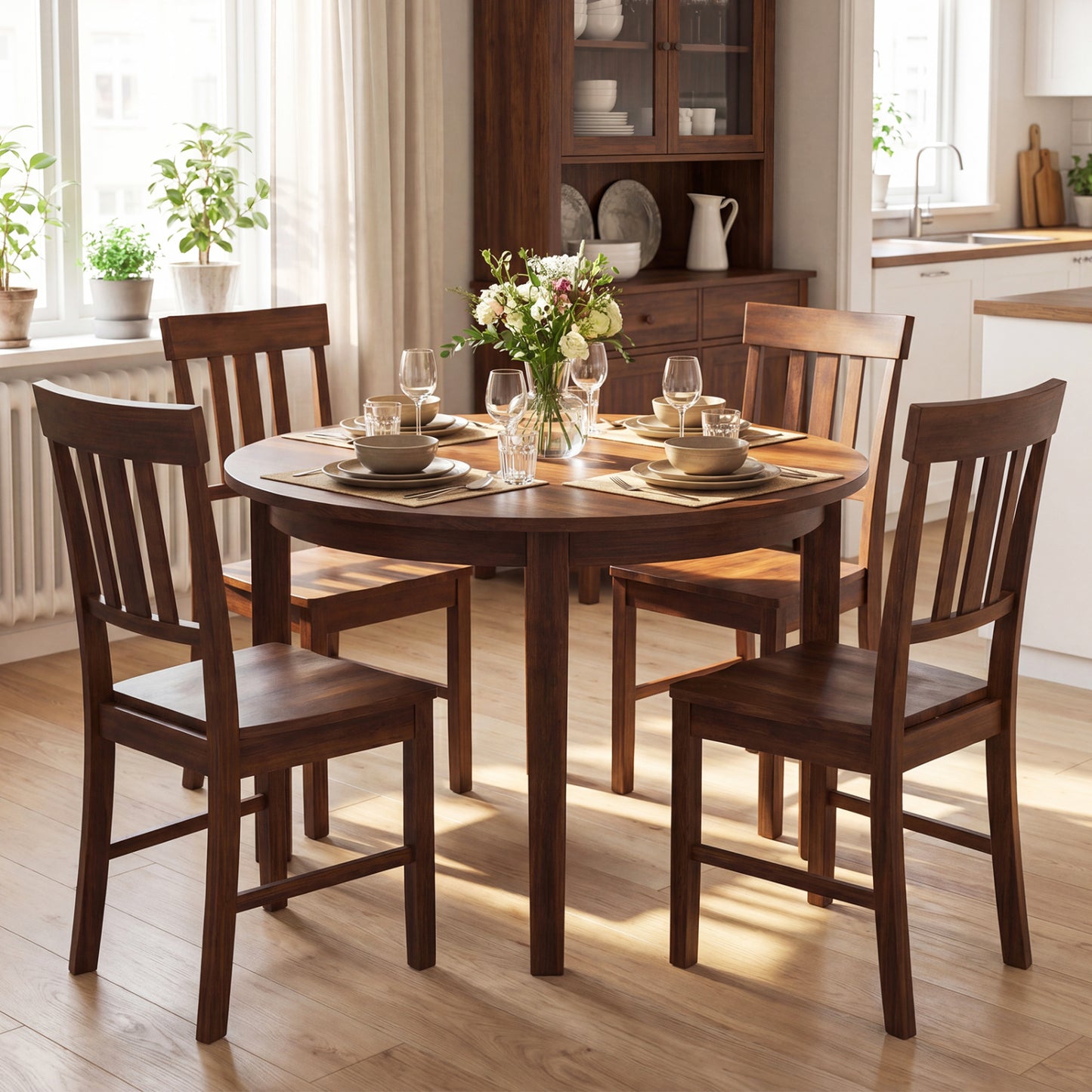 Rubber Wood Dining Chairs, Set of 4, High Slat Backrest, Dark Brown