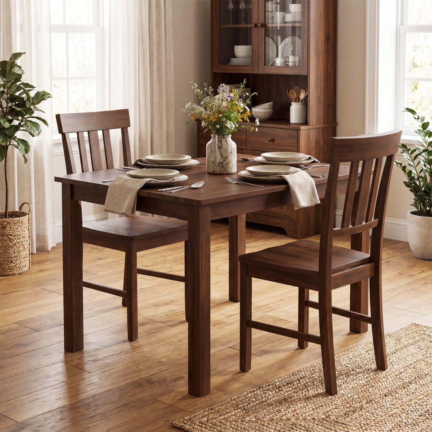 Rubber Wood Dining Chairs, Set of 4, High Slat Backrest, Dark Brown