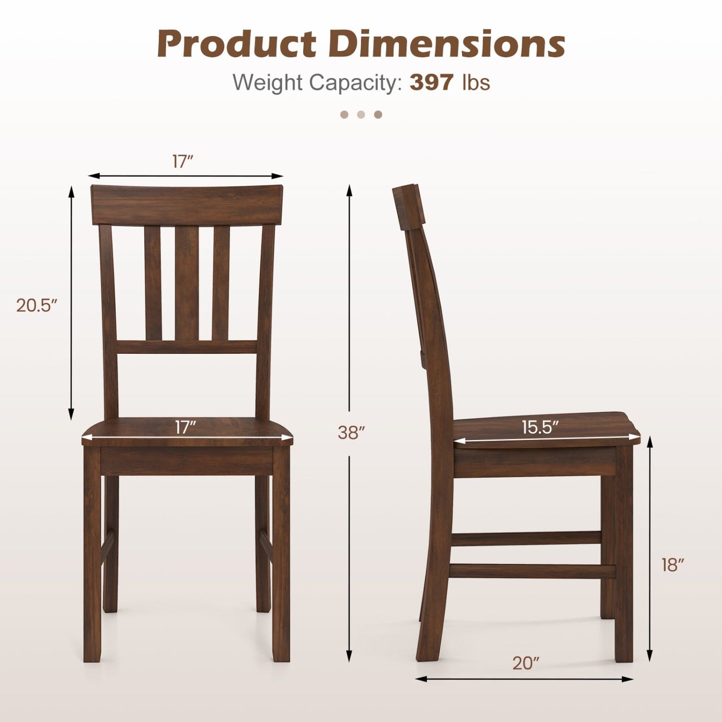 Rubber Wood Dining Chairs, Set of 4, High Slat Backrest, Dark Brown