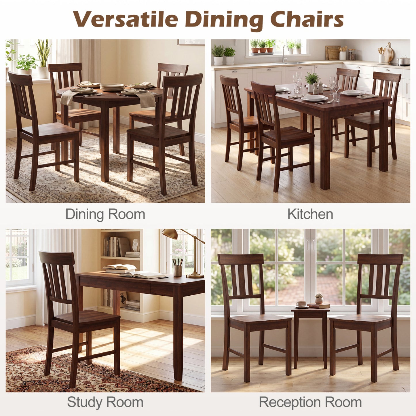 Rubber Wood Dining Chairs, Set of 4, High Slat Backrest, Dark Brown