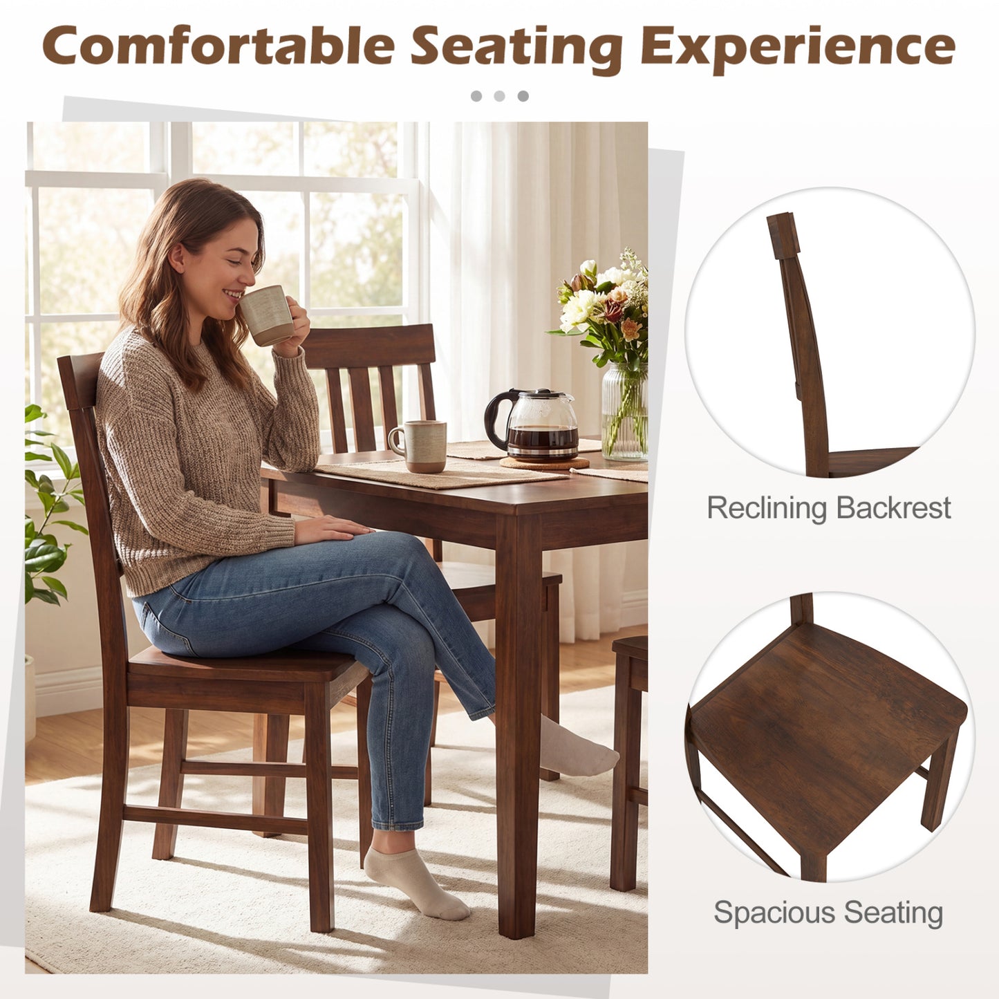 Rubber Wood Dining Chairs, Set of 4, High Slat Backrest, Dark Brown