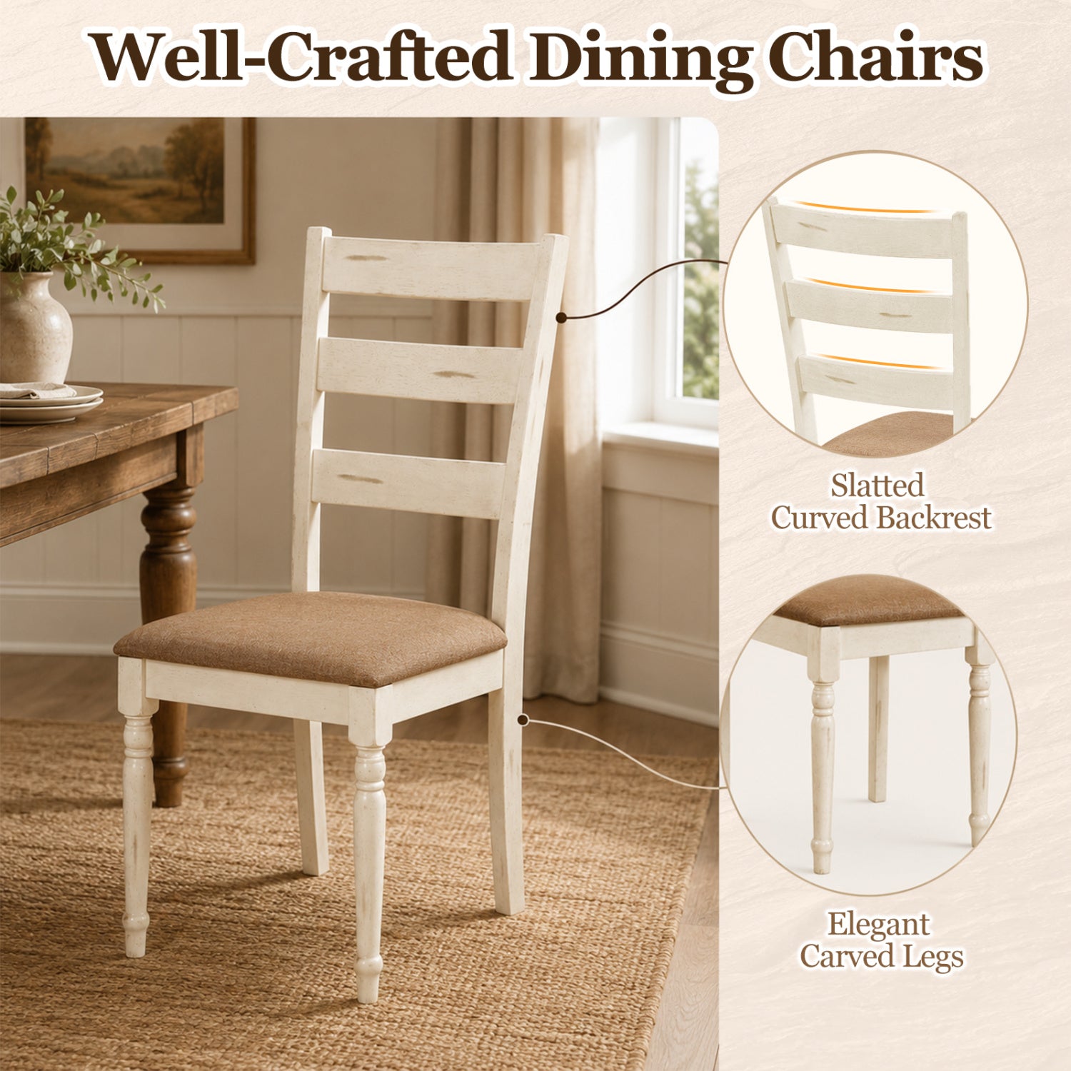 Rubber Wood Dining Chairs Set of 2, Linen Seat, White Dining Chairs at Gallery Canada