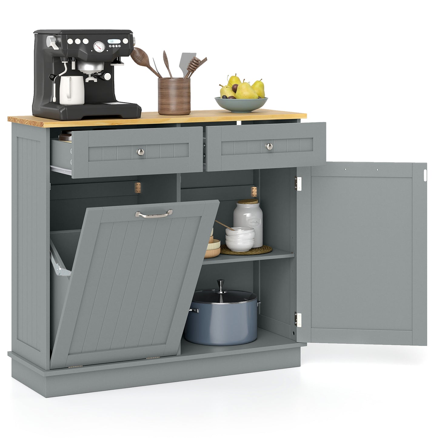 Rubber Wood Kitchen Trash Cabinet, Single Can Holder, Adjustable Shelf, Gray Sideboards Cabinets & Buffets Gray at Gallery Canada