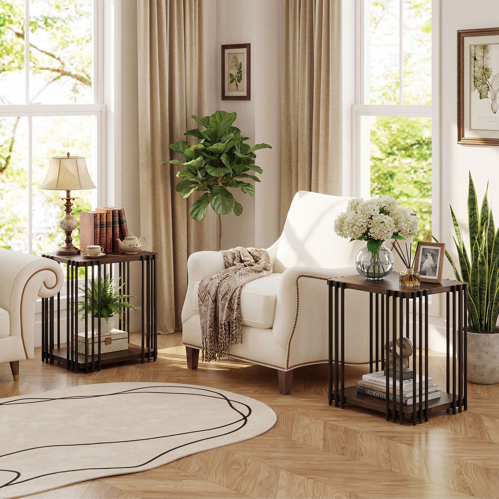 Rubber Wood Side Table Set of 2 with 2-Layer Storage Shelves and Metal Frame, Walnut End & Side Tables at Gallery Canada