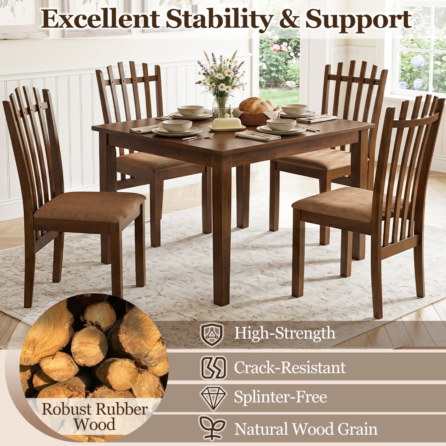 Rubber Wood Slat Back Kitchen Chairs, Set of 2, Brown Dining Chairs at Gallery Canada